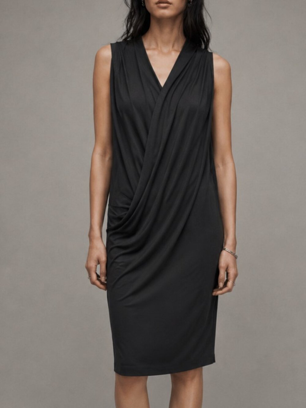 All Saints  Scala Black Cinder Jersey Asymmetric Keyhole Drape Dress Size 8